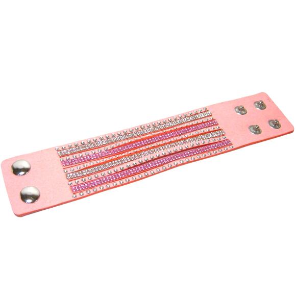 Faux Suede Pink Multi strand Wide Crystal Studded Goth Glam style Bracelet - Picture 2 of 3